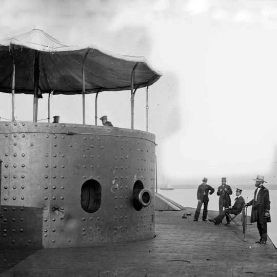 Deck and gun turret of the ironclad USS Monitor on the James River